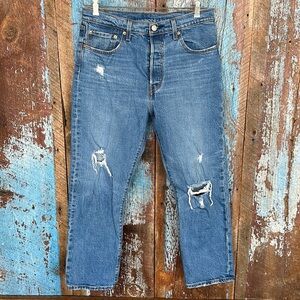 Levi's 501 Original Crop Womens 29 Blue Stretch Button Fly Distressed Jeans